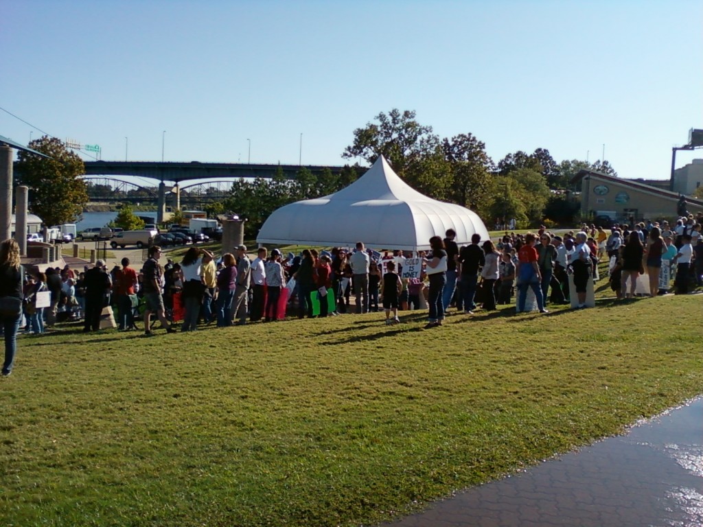 Protesters gather at Riverfront Park prior to the Occupy Little Rock march. (Photo by Sitton)