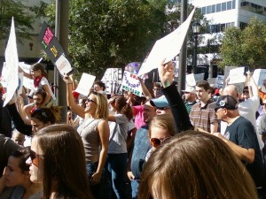 Protesters in front of Bank of America decry corporate greed. (photo by Sitton)