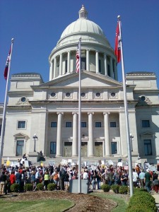 Occupy Little Rock protesters gather in front of the State Capitol. (photo by Sitton)