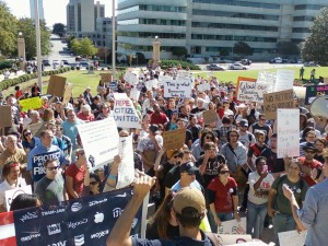 Protesters listen carefully to each speaker. (photo by Sitton)